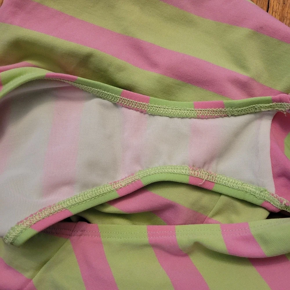 Vintage Ralph Lauren Sport 10 Swimsuit Pink Green Stripe Pony Logo USA Beach